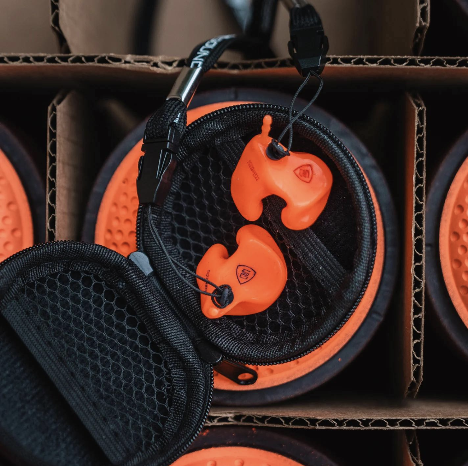 Custom in-ear hearing protection shown in a protective case for demanding listening environments